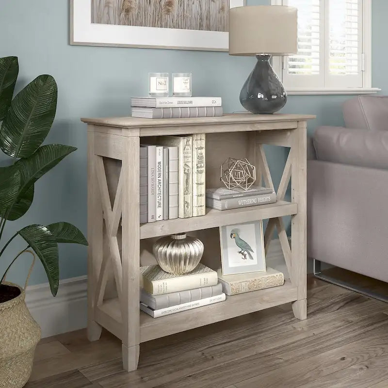 Small 2-Shelf Bookcase with X-Pattern Accents