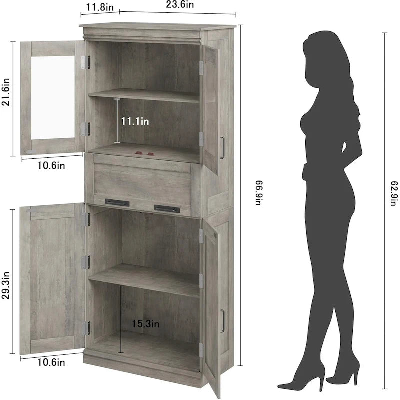 Tall Bathroom Cabinet, Freestanding Storage Cabinet with Glass Doors