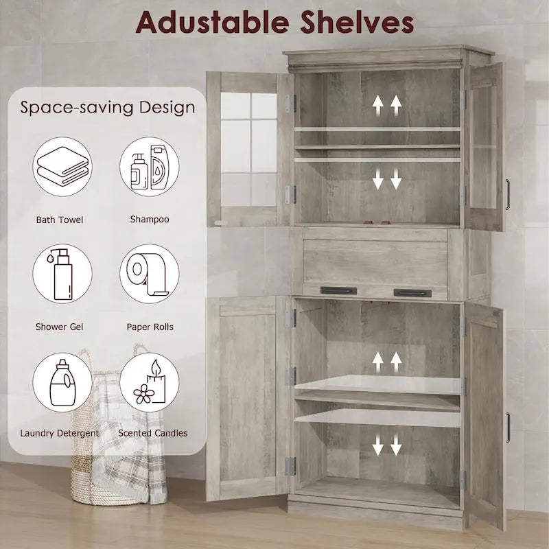 Tall Bathroom Cabinet, Freestanding Storage Cabinet with Glass Doors