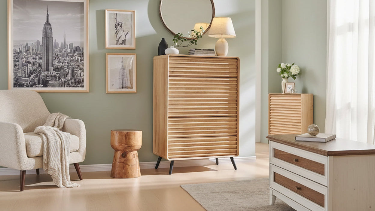 Mid Century Modern 5 Drawers Dresser, Wood Fluted Chest of Drawers