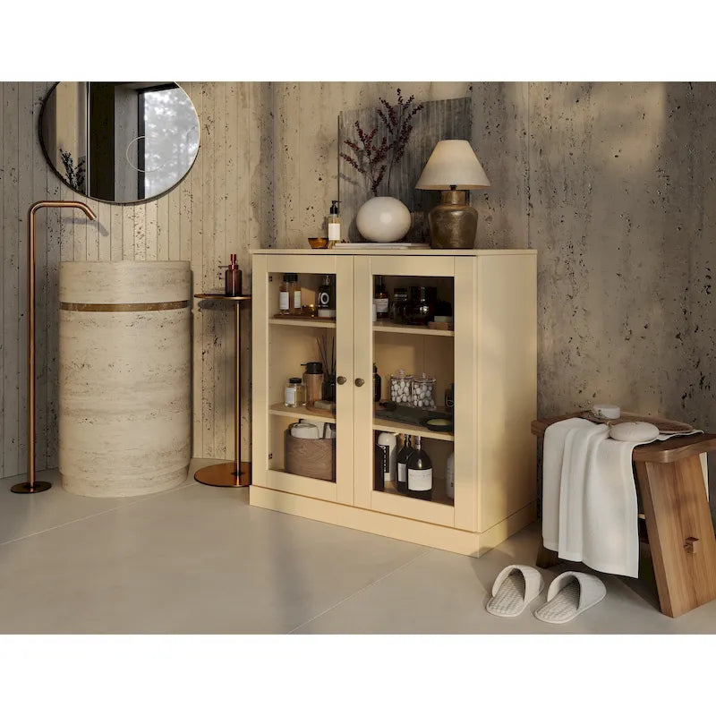 32-Inch Solid Wood Bathroom Cabinet with Clear Glass Doors