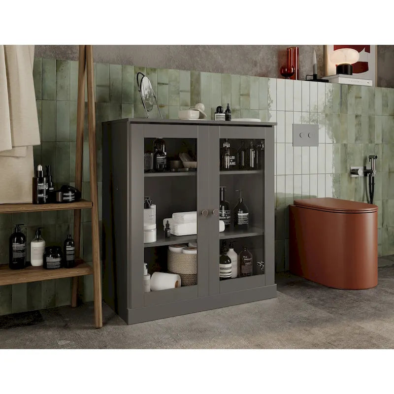 32-Inch Solid Wood Bathroom Cabinet with Clear Glass Doors