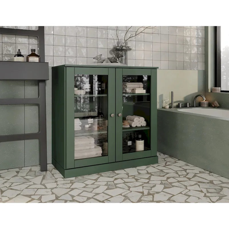 32-Inch Solid Wood Bathroom Cabinet with Clear Glass Doors