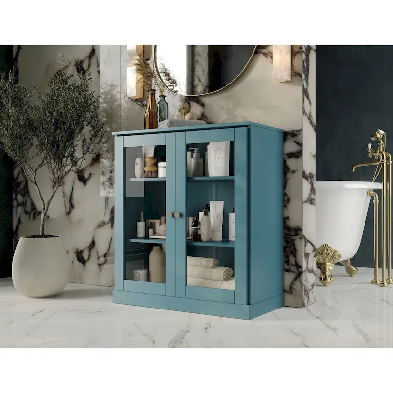 32-Inch Solid Wood Bathroom Cabinet with Clear Glass Doors