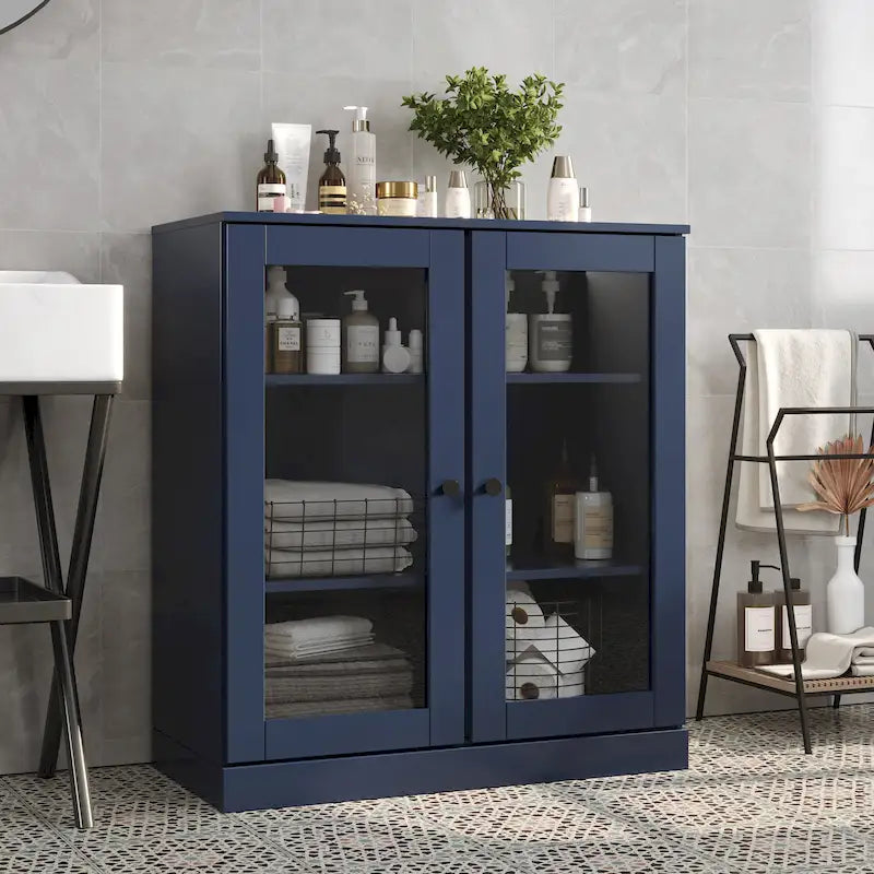 32-Inch Solid Wood Bathroom Cabinet with Clear Glass Doors