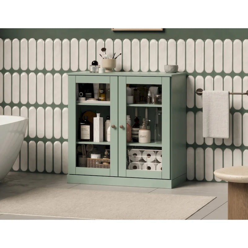 32-Inch Solid Wood Bathroom Cabinet with Clear Glass Doors