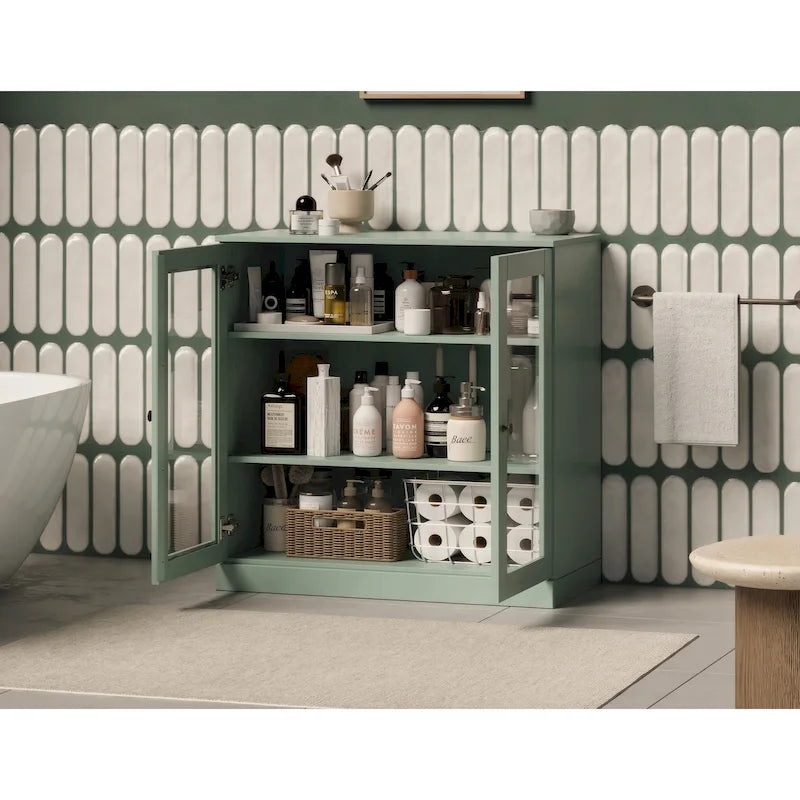32-Inch Solid Wood Bathroom Cabinet with Clear Glass Doors