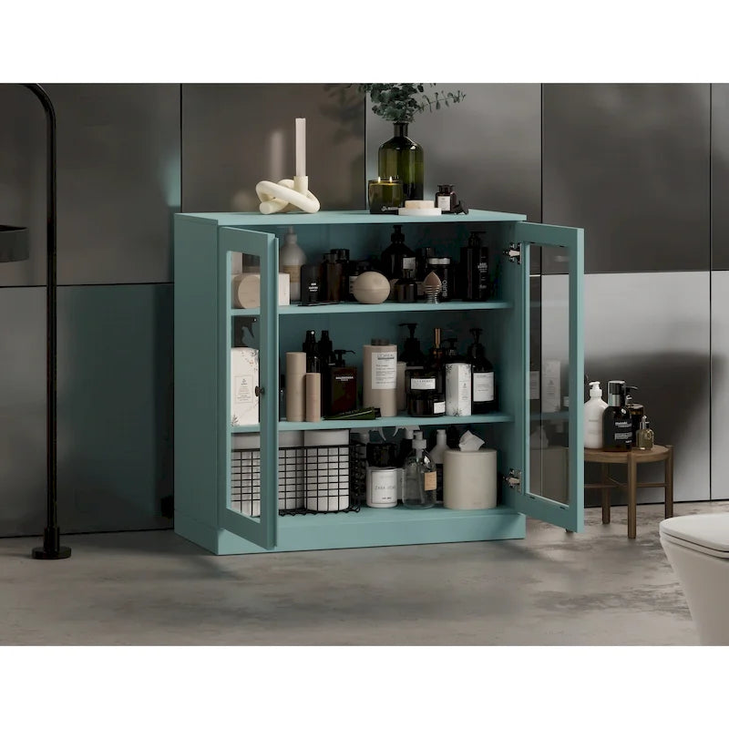 32-Inch Solid Wood Bathroom Cabinet with Clear Glass Doors