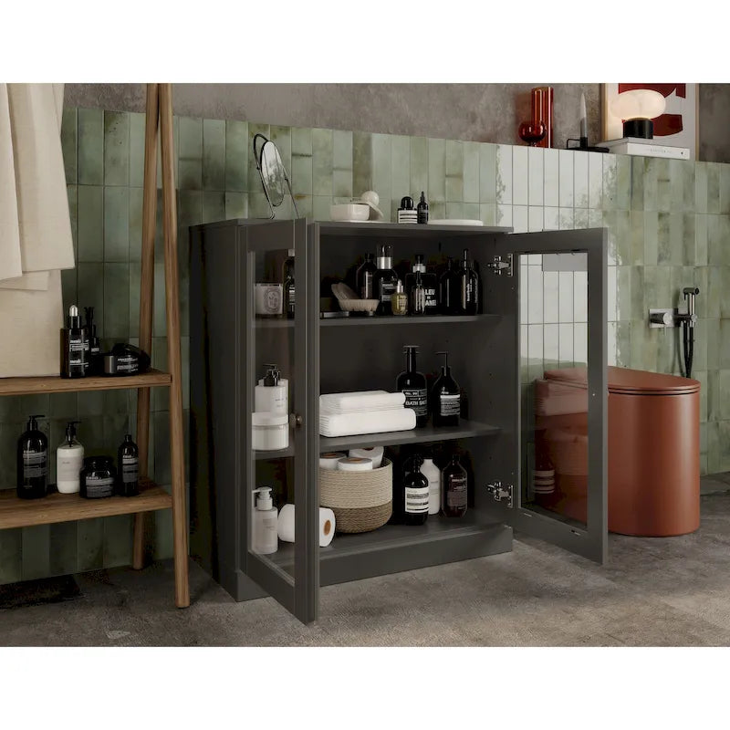 32-Inch Solid Wood Bathroom Cabinet with Clear Glass Doors