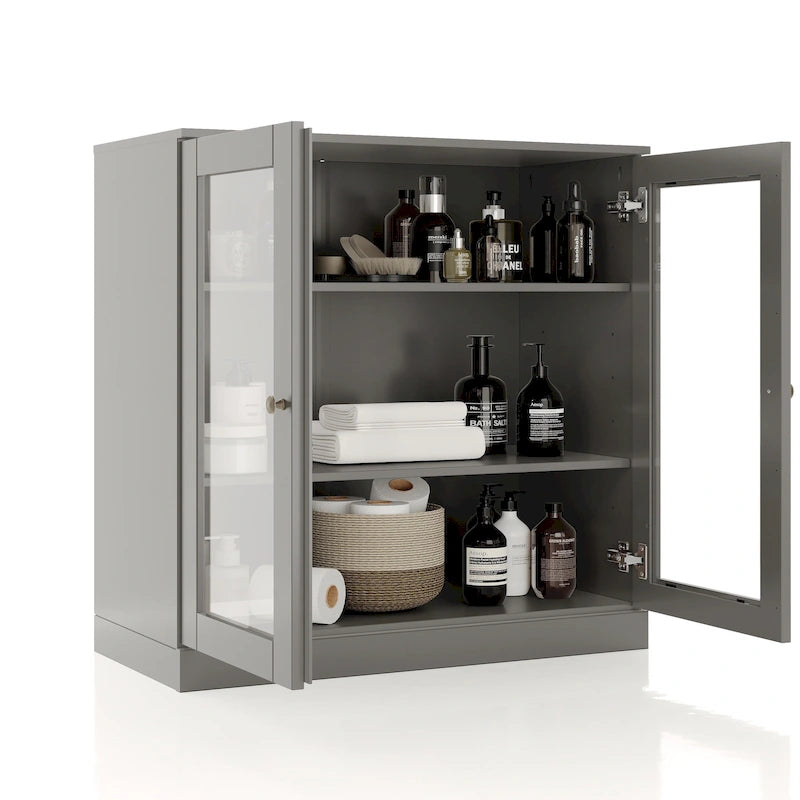 32-Inch Solid Wood Bathroom Cabinet with Clear Glass Doors