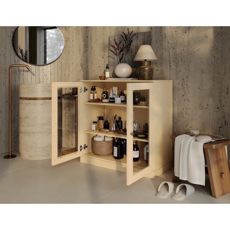 32-Inch Solid Wood Bathroom Cabinet with Clear Glass Doors