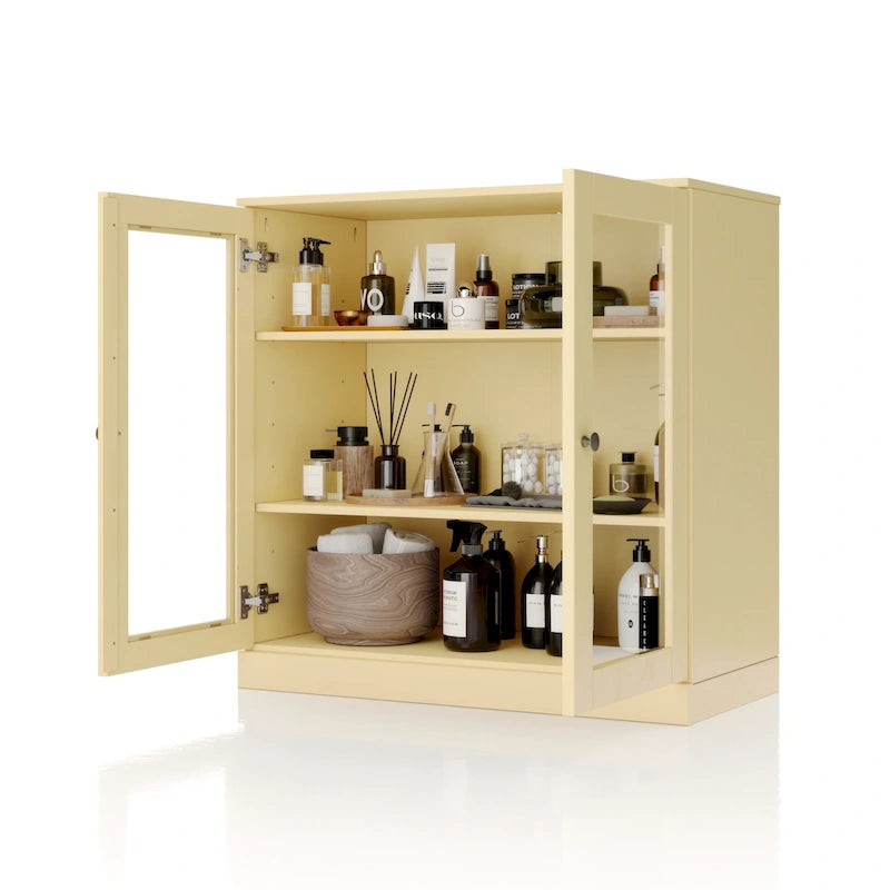 32-Inch Solid Wood Bathroom Cabinet with Clear Glass Doors