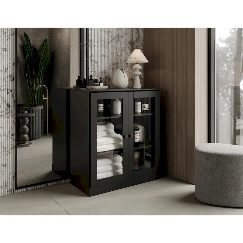 32-Inch Solid Wood Bathroom Cabinet with Clear Glass Doors