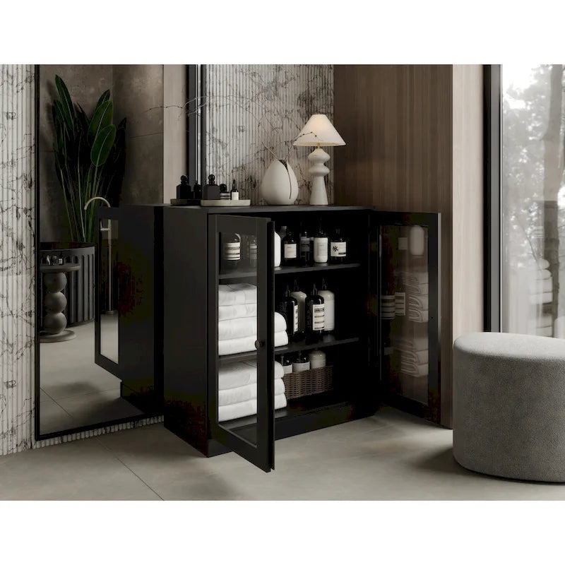 32-Inch Solid Wood Bathroom Cabinet with Clear Glass Doors