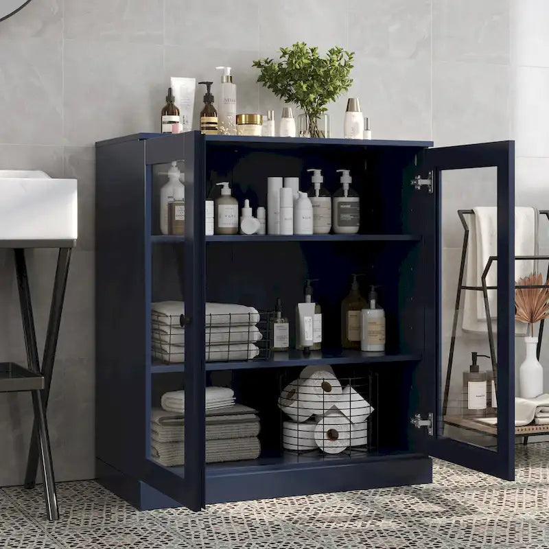 32-Inch Solid Wood Bathroom Cabinet with Clear Glass Doors
