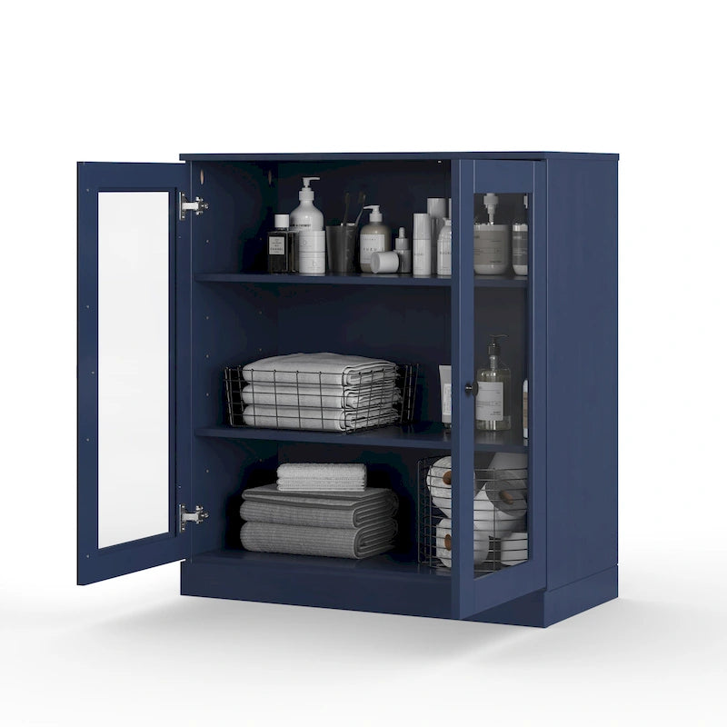 32-Inch Solid Wood Bathroom Cabinet with Clear Glass Doors