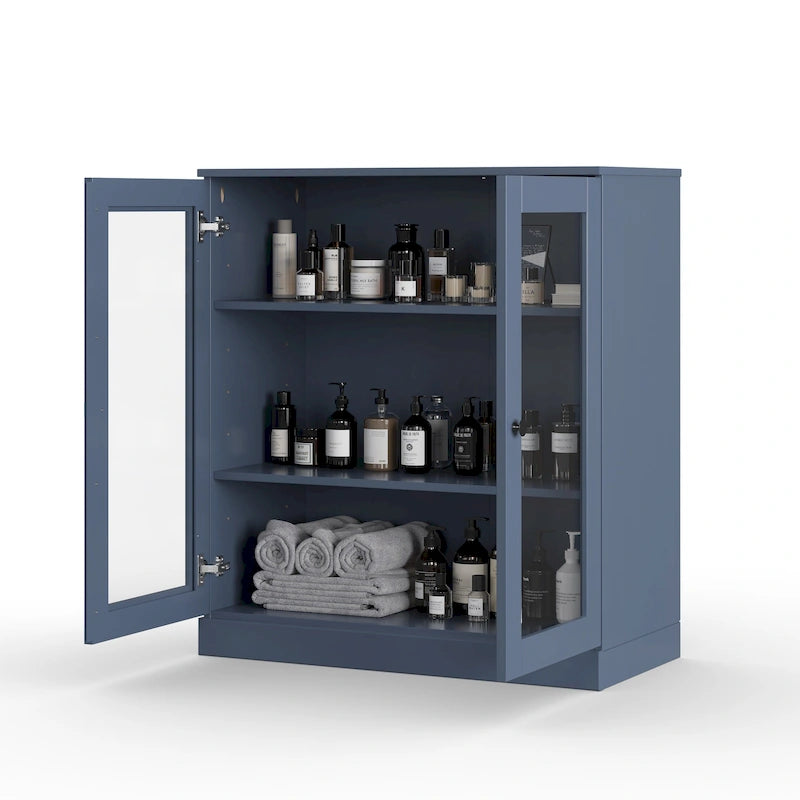 32-Inch Solid Wood Bathroom Cabinet with Clear Glass Doors