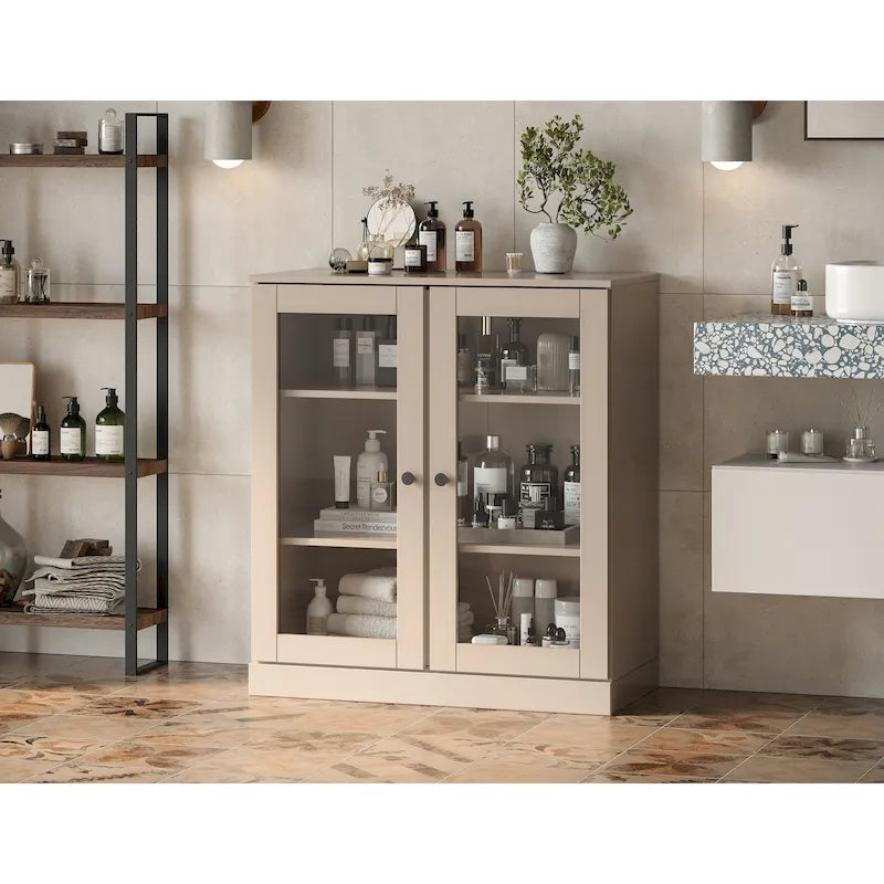 32-Inch Solid Wood Bathroom Cabinet with Clear Glass Doors