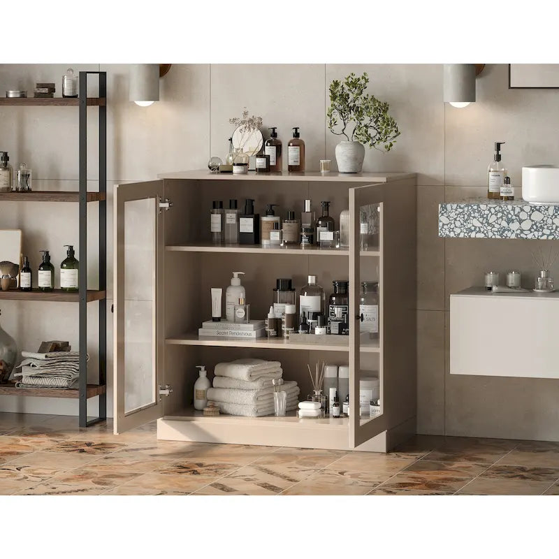 32-Inch Solid Wood Bathroom Cabinet with Clear Glass Doors