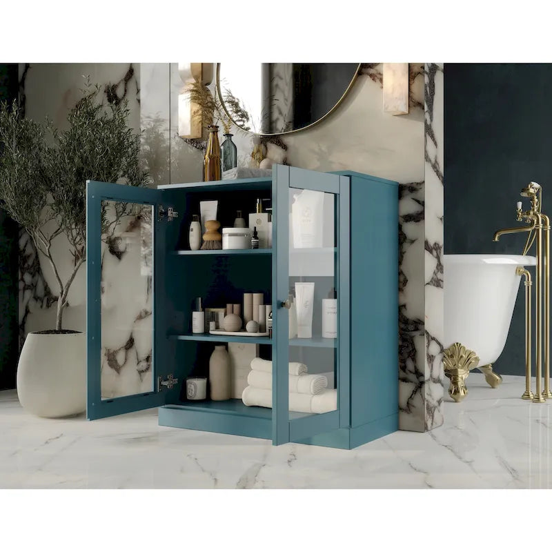 32-Inch Solid Wood Bathroom Cabinet with Clear Glass Doors