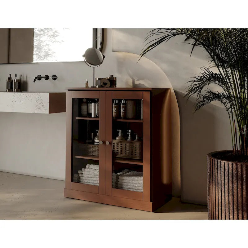 32-Inch Solid Wood Bathroom Cabinet with Clear Glass Doors