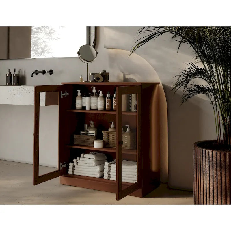 32-Inch Solid Wood Bathroom Cabinet with Clear Glass Doors