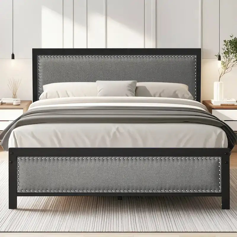 Heavy-Duty Platform Bed Frame with Linen Headboard and Footboard