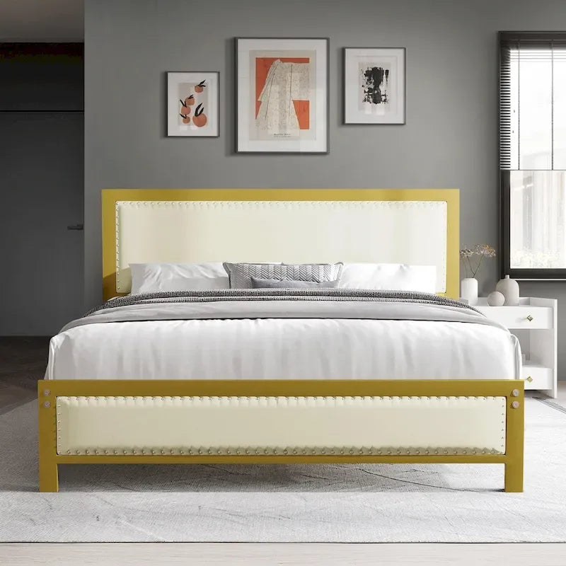 Heavy-Duty Platform Bed Frame with Linen Headboard and Footboard