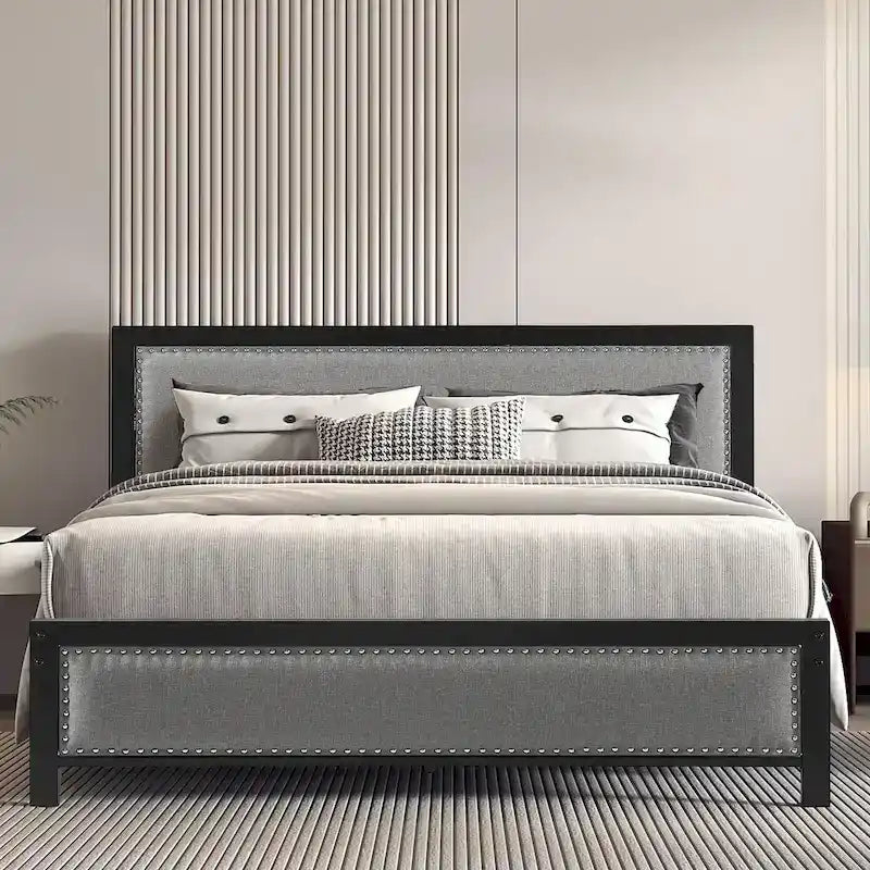Heavy-Duty Platform Bed Frame with Linen Headboard and Footboard