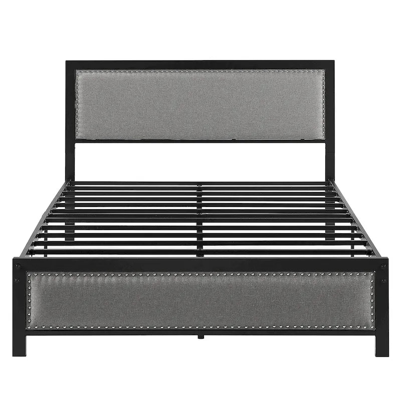 Heavy-Duty Platform Bed Frame with Linen Headboard and Footboard