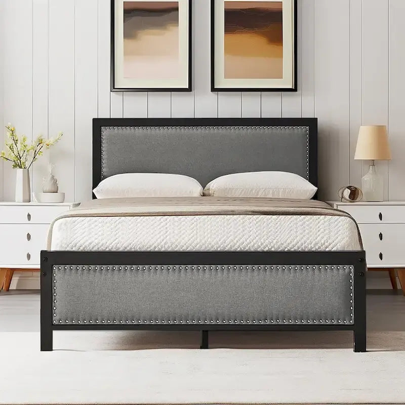 Heavy-Duty Platform Bed Frame with Linen Headboard and Footboard