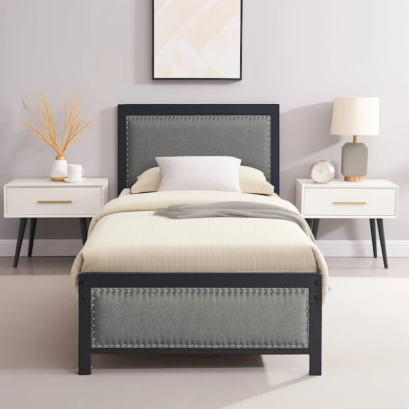 Heavy-Duty Platform Bed Frame with Linen Headboard and Footboard