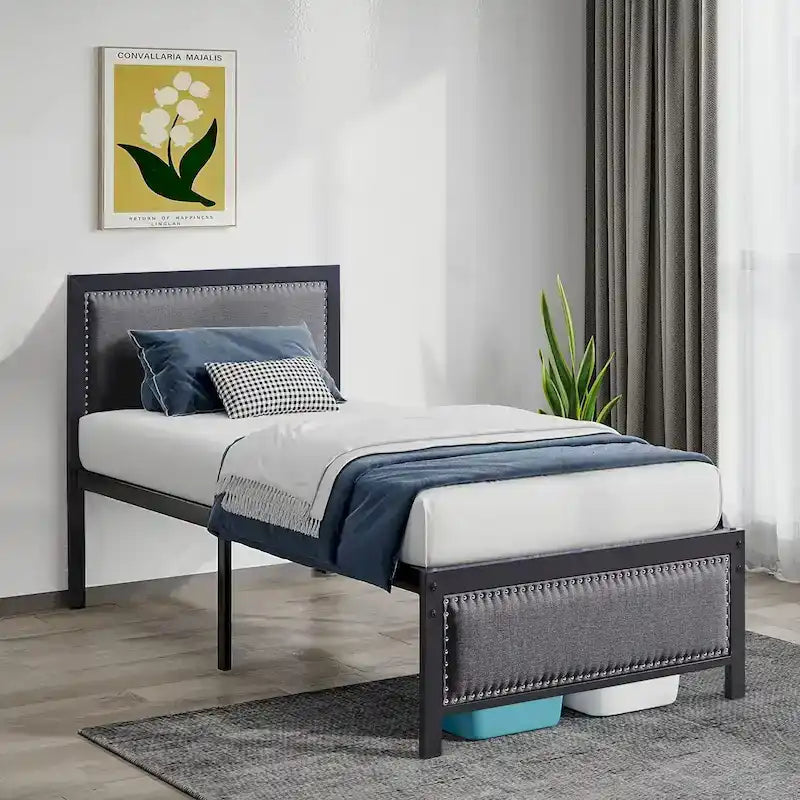 Heavy-Duty Platform Bed Frame with Linen Headboard and Footboard