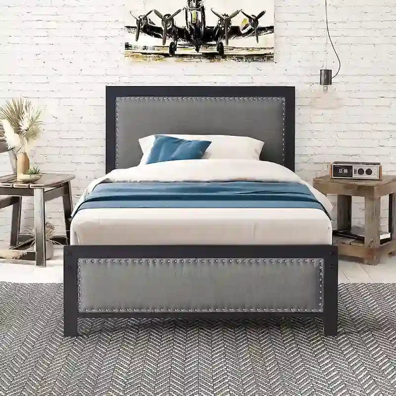 Heavy-Duty Platform Bed Frame with Linen Headboard and Footboard