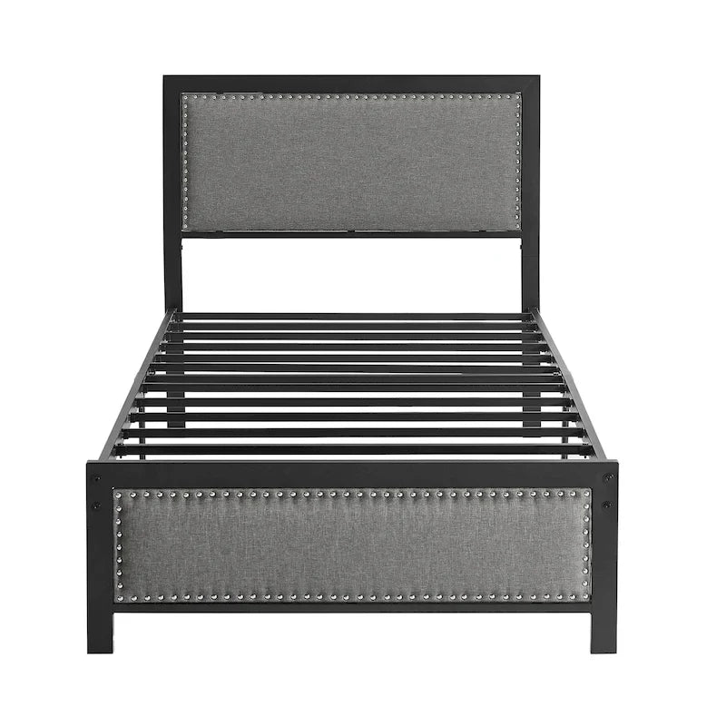 Heavy-Duty Platform Bed Frame with Linen Headboard and Footboard