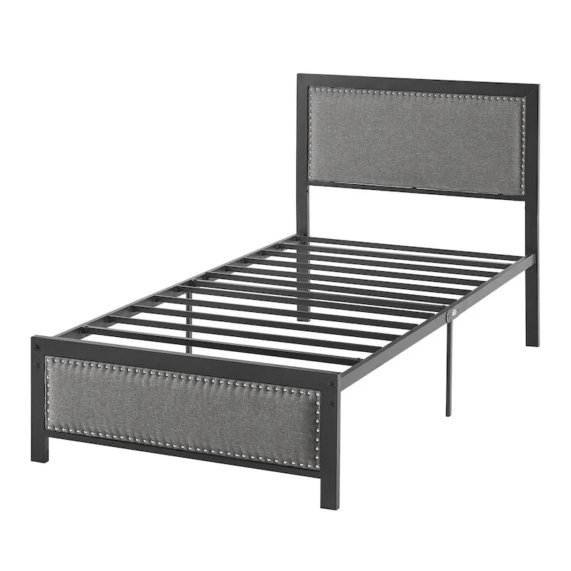 Heavy-Duty Platform Bed Frame with Linen Headboard and Footboard