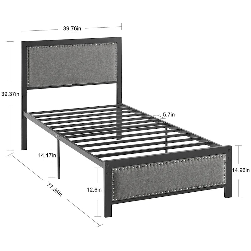 Heavy-Duty Platform Bed Frame with Linen Headboard and Footboard