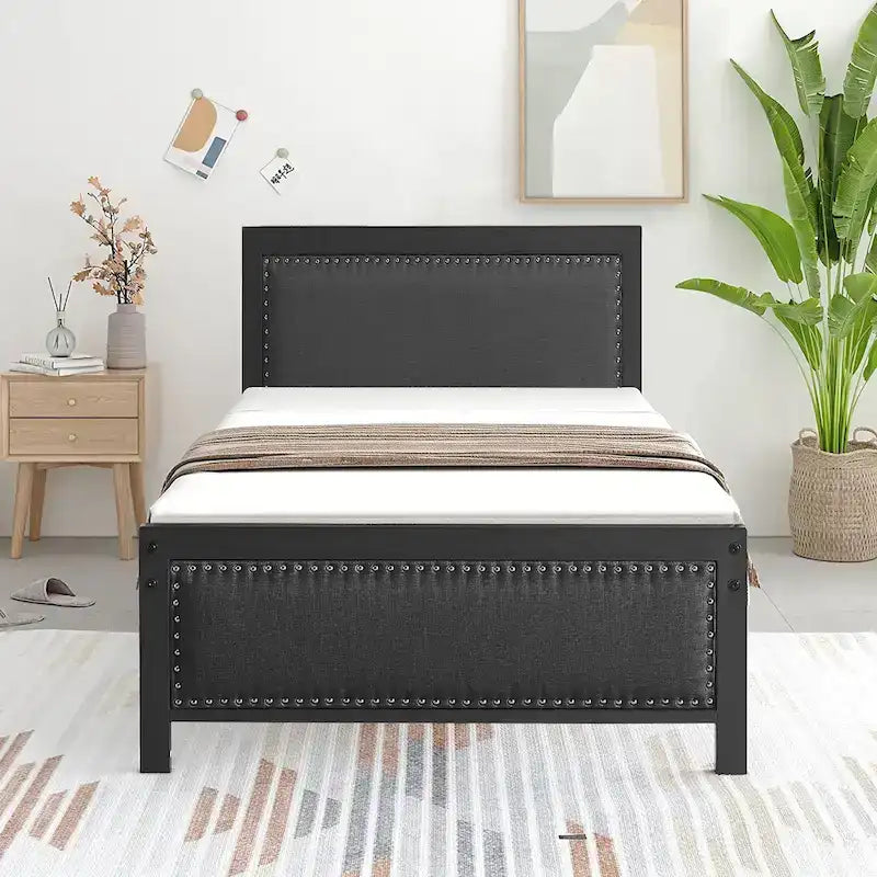 Heavy-Duty Platform Bed Frame with Linen Headboard and Footboard