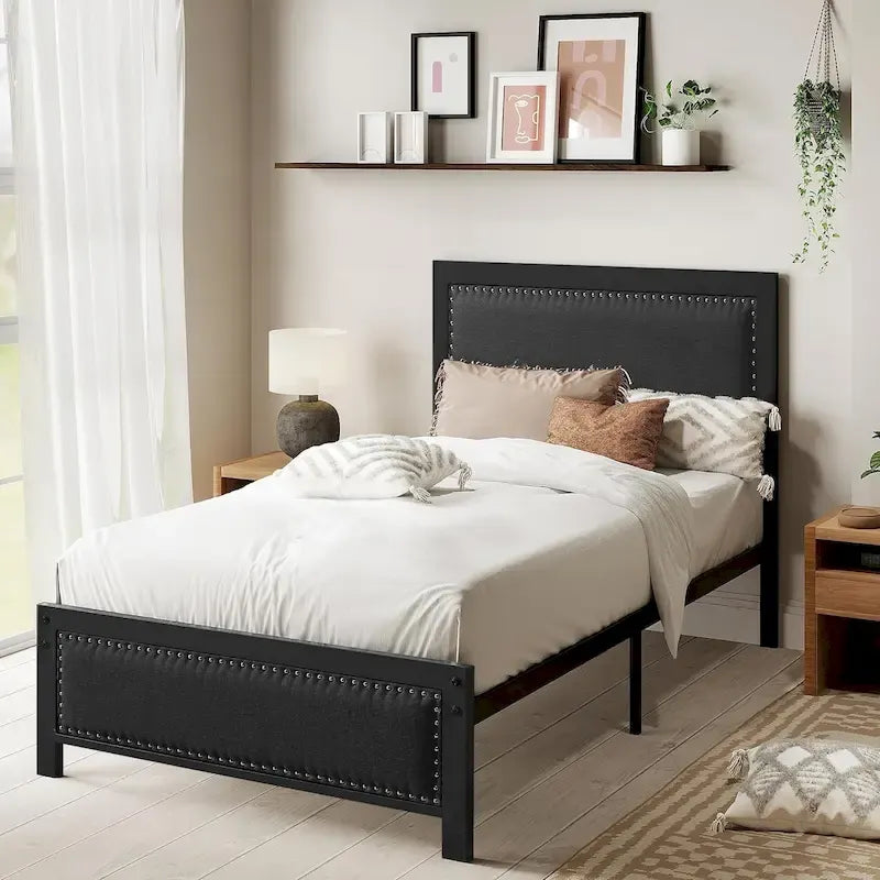 Heavy-Duty Platform Bed Frame with Linen Headboard and Footboard