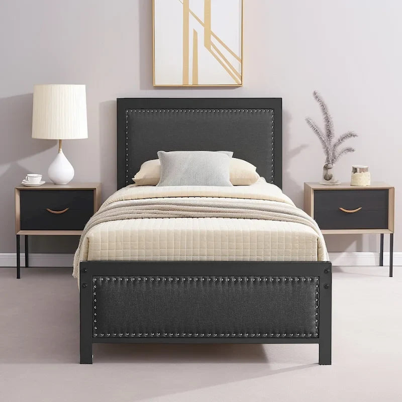 Heavy-Duty Platform Bed Frame with Linen Headboard and Footboard