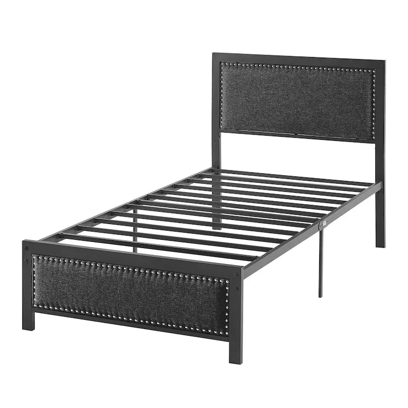Heavy-Duty Platform Bed Frame with Linen Headboard and Footboard