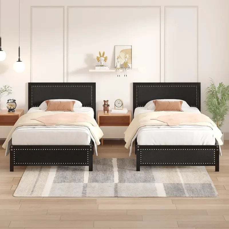 Heavy-Duty Platform Bed Frame with Linen Headboard and Footboard