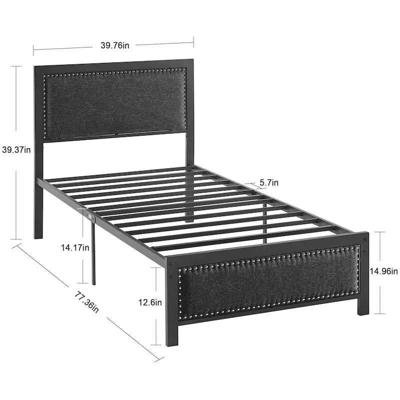 Heavy-Duty Platform Bed Frame with Linen Headboard and Footboard