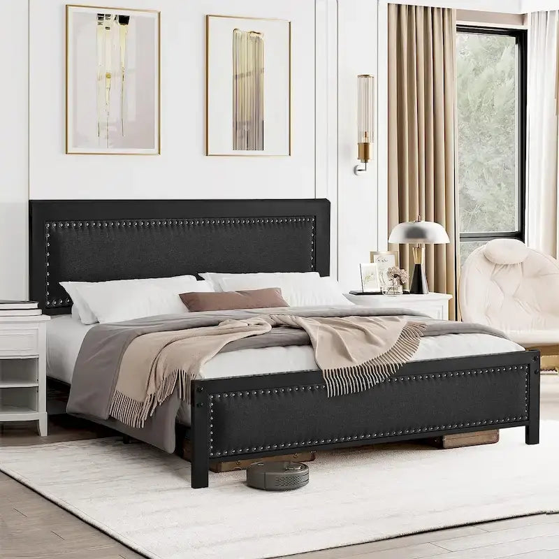 Heavy-Duty Platform Bed Frame with Linen Headboard and Footboard