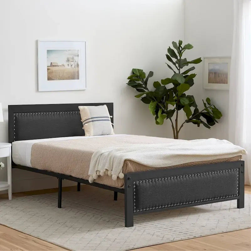 Heavy-Duty Platform Bed Frame with Linen Headboard and Footboard