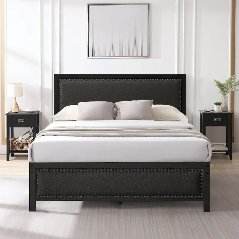 Heavy-Duty Platform Bed Frame with Linen Headboard and Footboard
