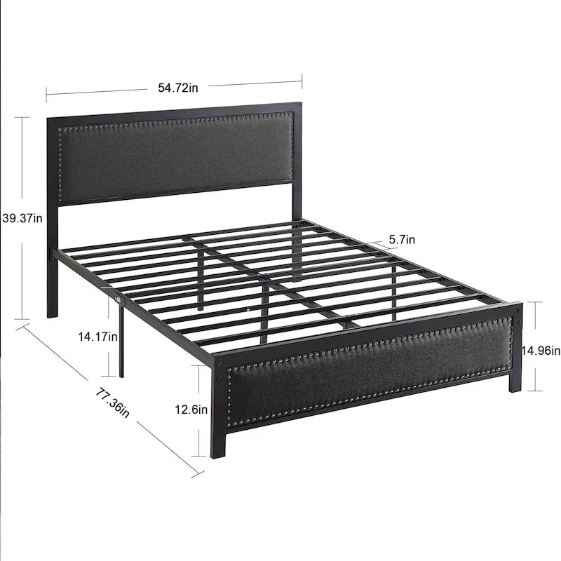 Heavy-Duty Platform Bed Frame with Linen Headboard and Footboard