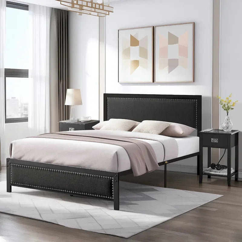 Heavy-Duty Platform Bed Frame with Linen Headboard and Footboard