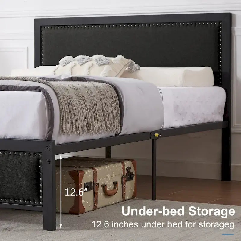 Heavy-Duty Platform Bed Frame with Linen Headboard and Footboard