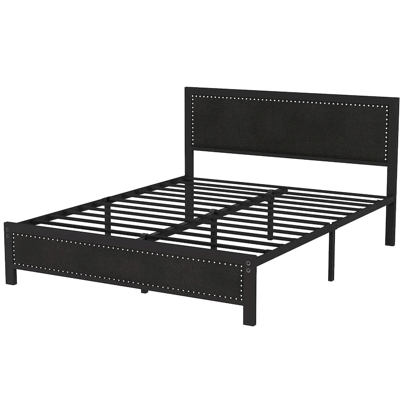 Heavy-Duty Platform Bed Frame with Linen Headboard and Footboard
